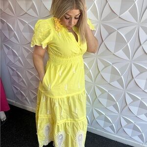 Anthropologie Sunny Yellow Embroidered Tiered Maxi Dress